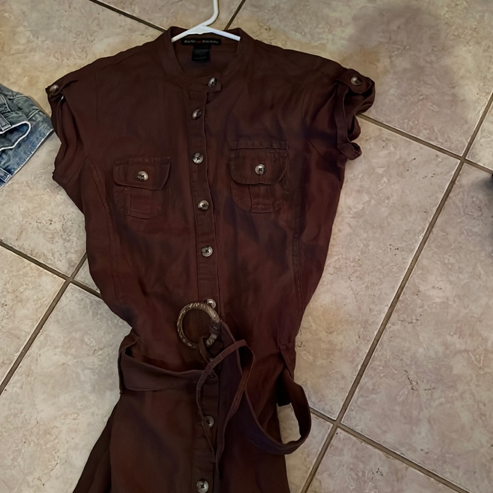 Brown Medium Linen button up waist tie dress